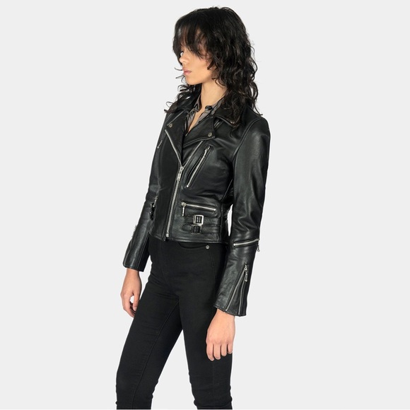 Straight To Hell Women's Black Biker Leather Jacket - Picture 3 of 5